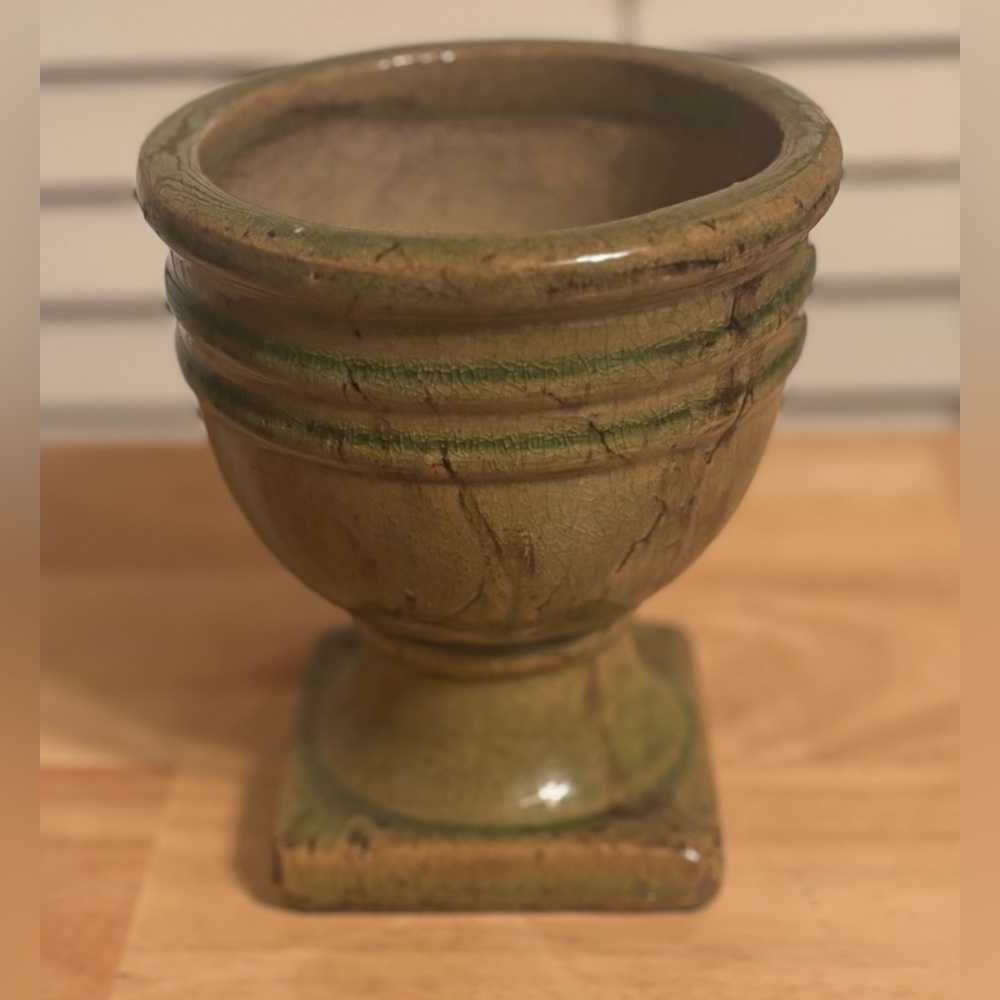 Hosley Green Crackle Glaze Pedestal Planter Rustic Earthy Ceramic Bowl